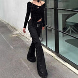 Vintage Rivets Trousers Women Y2K High Street Design Hottie Low-Rise Thighs Trousers 68HZ