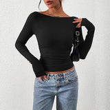 Women's Long Sleeve 2025 Autumn Word Collar Basic T-Shirt Casual Rib Knitted Corrugated Tribs