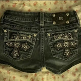Embroidery Denim Shorts Female Y2k Harajuku Retro Cross Pocket Embroidery Low-Waisted Hot Pants 68HZ