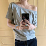 INS New Word Shoulder-To-Shoulder Solid Color T-Shirt Girl Y2k Hottie Lazy Wind Loose Casual Top 68HZ