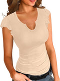 2025 Summer New Solid Color V-Necked Leaf Sleeve Short-Sleeved Lady Top