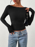 Women's Long Sleeve 2025 Autumn Word Collar Basic T-Shirt Casual Rib Knitted Corrugated Tribs