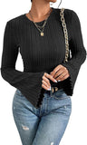 2026 New 8X4 Pit Gruffing Round Collar Women's Blouse Fashion Burst Long-Sleeved Lady T-Shirt