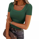 2025 Thread Pit Strips Long Long-Sleeved Square Collar T-Shirt Elegant Short Sleeves