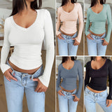 Dili 2025 Spring And Summer Women's Temperament Solid Color U-Neck Long-Sleeved Top