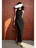 Spring And Summer New Elastic Bright Silk Tug Round Neck Cut Shoulder Slim Slim Temperament Waist Dress