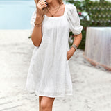 Dili Solid Color Square Dress Woman 2025 Summer Temperament Elegant Hollowed Out Skirt Skirt Short Sleeves