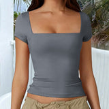 Dili 2025 Spring/Summer T-Shirt Women's Casual Square Neck Solid Color Short-Sleeved Woman