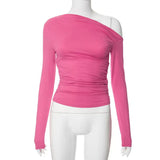 2025 Slanted Shoulder Asymmetrical Solid Umbilical Umbilical Top Long Sleeve Splicing Design