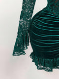 New Fashion Temperament Long-Sleeved Lace Spliced Solid Color Folds Deep V Bag Hip Skirt Dress Dress Woman