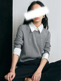 Intellectual College Style Splicing After Opening Buckle Elastic Fake Two Long-Sleeved Knitted Shirt Top Woman