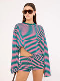 Fashion Casual Striped Long-Sleeved Top Shorts Set Female Retro Lazy Wind Low-Rise Thin Two-Set Woman