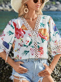 New Tat Lace Wind V Collar Bat Sleeve Print Casual T-Shirt Blouse Chiffon