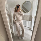 Women's Autumn And Winter New Fashion Casual Set Solid Zipper Open Shirt Straight Trousers Set 68HZ