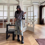 Vintage Vibe High-Waisted Denim Seven-Point Trousers Women Y2K Loose Leisure Water Wash To Make Old Straight Trousers 68HZ