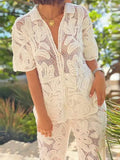 2025 New Collar Hollow Loose Top Straight Trousers Set Plant Flowers