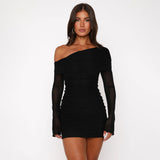 New Autumn Hot Slanted Shoulder Net Folded Long-Sleeved Dress Body Slimy Sexy Bag-Butty Dress Girl