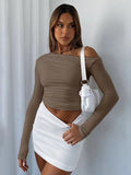 2025 Slanted Shoulder Asymmetrical Solid Umbilical Umbilical Top Long Sleeve Splicing Design