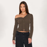Autumn 2025 Hot Women's Slanted Shoulder Long-Sleeved Button Knitted T-Shirt Y2K Hot Girl Style Repair Body