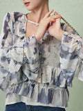 2026 Spring And Summer New T-Shirt Printing French Romantic Dye Mesh Screen Lotus Leaf Side Short Soft Horn Sleeve Top