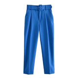 New Casual Pants Slender Slim Slim Belt Decorated Solid Color Straight Sue Nine-Point Pants