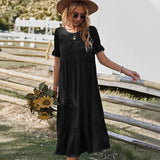 Solid-Color Leisure Holiday Dress 2026 Spring And Summer Collar Big Swing Skirt Lotus Leaf Side