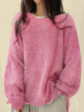 Casual Pure Color Open Fork Knitted Knitted Women Loose Long-Sleeved Round Sweater Autumn And Winter New 68HZ