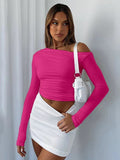 2025 Slanted Shoulder Asymmetrical Solid Umbilical Umbilical Top Long Sleeve Splicing Design