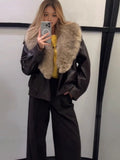 Autumn And Winter New Maillard Brown Collar Loose Locomotive Wind Leather Coat