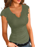 2025 Summer New Solid Color V-Necked Leaf Sleeve Short-Sleeved Lady Top