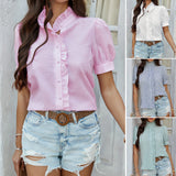 Dili 2025 Spring And Summer Top Women's Temperament Casual Solid Color Button-Down Lace Short-Sleeved Shirt