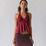 2026 New Hot Lace Lace Top Women Summer Folded Lotus Leaves Side Umbilical Umbilical Sweet Spicy Wind Short Hanging Neck Vest