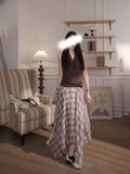 Summer New Korean Tulle Dress Irregular Long Long-Term Half-Tight Waist Print Lattice Half-Dress