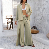 Dili 2025 Spring And Summer Leisure Holiday Wind Solid Shirt Broad Leg Trousers Women's Clothing 2 Sets