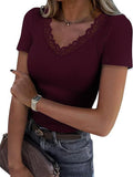 2025 Lace Splicing V-Neck Tight Solid Color Short-Sleeved T-Shirt Women's Summer New Pure Desire To Slim Top
