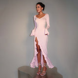 Autumn 2025 New White Long Sleeve Dress Sexy V Collar Horn Sleeve Dress