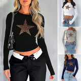 Dili 2025 Spring/Summer Women's Digital Print Star Y2K Sexy Lavel Long Sleeve T-Shirt