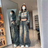 Multi-Pocket Design High Street Workwear Jeans Women Y2k Water Wash Old Loose Broad Leg Pants 68HZ