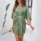 Dili Women's Clothing 2025 Spring And Summer Temperament Elegant Solid Color Pocketed Hip Dress