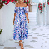 Summer New Sweet Wind Bra Collar Print Short Sleeves Tight Waist Long Dress Broken Floral Dress