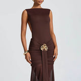 Summer New Sexy Sleeveless Back Pressed Folding Bag Hips Temperament Ribbon Open Skirt Dress
