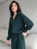 2025 New Ladies Casual Suit Solid Color Long Sleeve Hooded Cardigans Tight Waist Wide Leg Trousers 68HZ