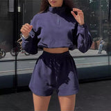 Spring And Autumn Women's Long-Sleeved Half-Necked Zippered Zip-And-Wear Shorts Two-Set Casual Ladies Suit 68HZ
