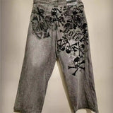 New Retro Gray Skull-Print Jeans Women Y2k Water Wash Old Straight Broad Leg Pants 68HZ
