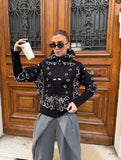 Small Print Leisure Languid Knitted Collar Zipper Long-Sleeved Sweater Seaside Vacation