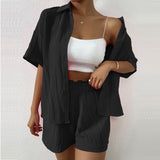 Summer Ladies Set Fashion Casual Shorts Shorts Shirt Button-Down Sleeves Casual Set