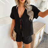 Dili 2025 Spring And Summer Leisure Solid Color Holiday Style Short Sleeves With Shorts Suit Women's Clothing