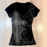 Vintage Black Tie-Dye Print T-Shirt With Thin Vintage Design V-Neck Short-Sleeved Punk Top 68HZ