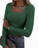 2025 Thread Pit Strips Long Long-Sleeved Square Collar T-Shirt Elegant Short Sleeves