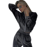 New 2025 Fashion Women's Long-Sleeved Collar Zipper Open-Fleet Tweed Trousers 68HZ